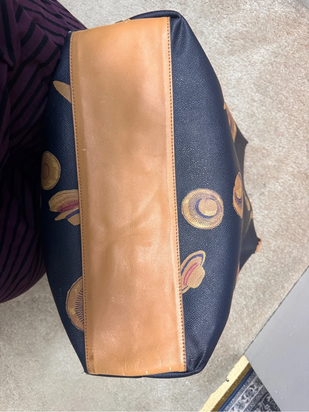 Tory Burch Black Leather Tote with Yellow Hat Motif